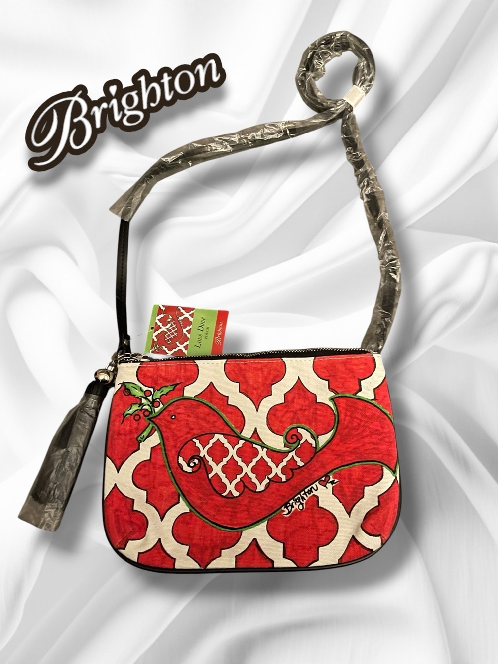 Brighton NWT "Love Dove" Canvas Crossbody Pouch Bag with Tassel Accent